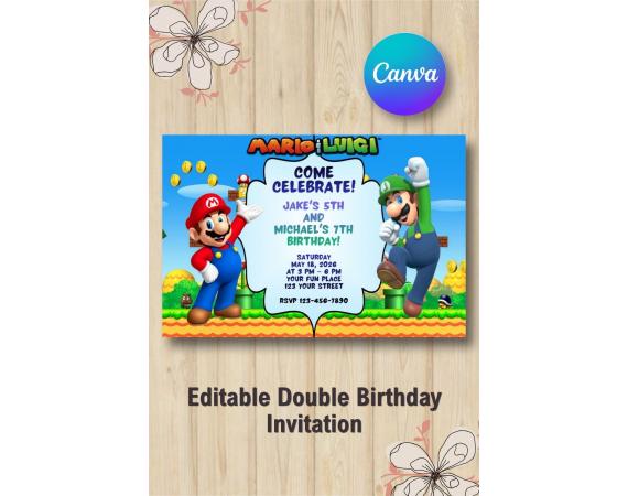 Twin Super Mario and Luigi Invitation | Canva Template